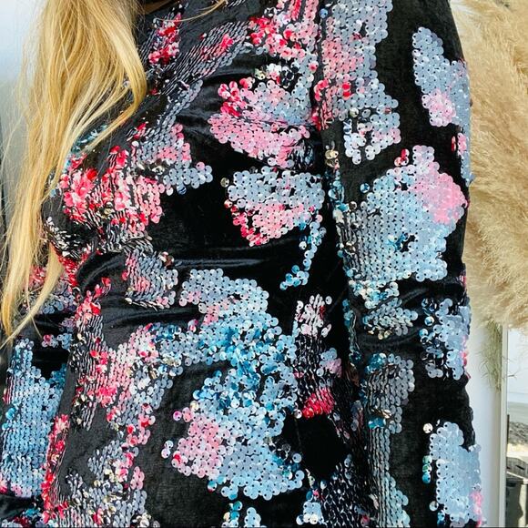 DRESS THE POPULATION Pastel Floral Sequin Black Velvet Backless Mini Dress S - Picture 4 of 10